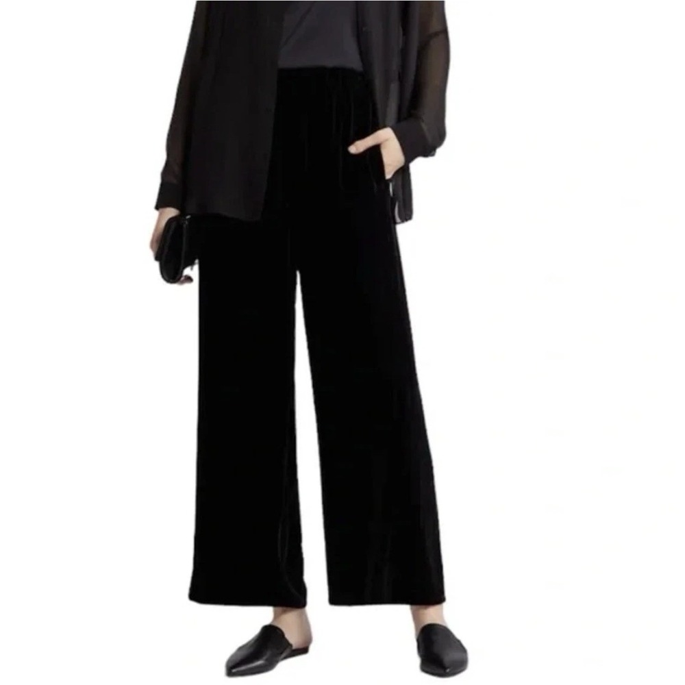 Eileen Fisher Pants Crushed Velvet Silk Blend Wide Leg Ankle Lagenlook Classic M - Picture 2 of 11